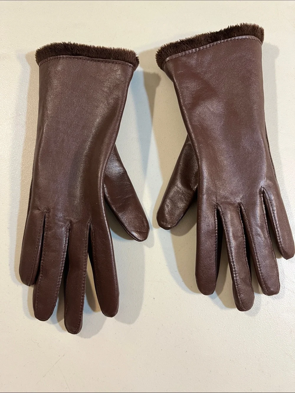 Charter Club Chocolate Brown Leather Gloves with Fur Cuff